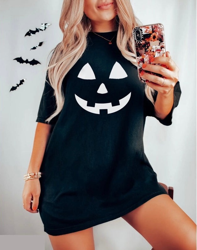 Pumpkin Face Graphic Tee Dress (Black)