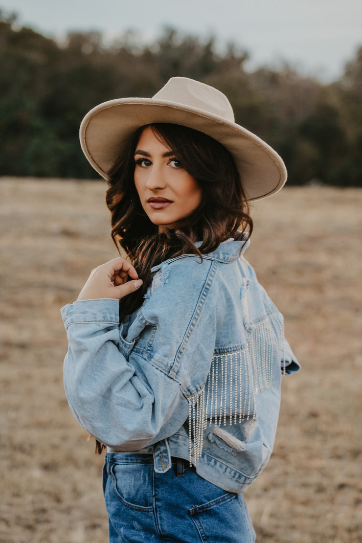 Stay Fierce Rhinestone Fringe Denim Jacket