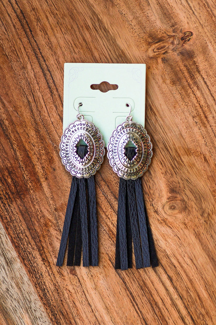 Concho Leather Tassel Earrings (Black)