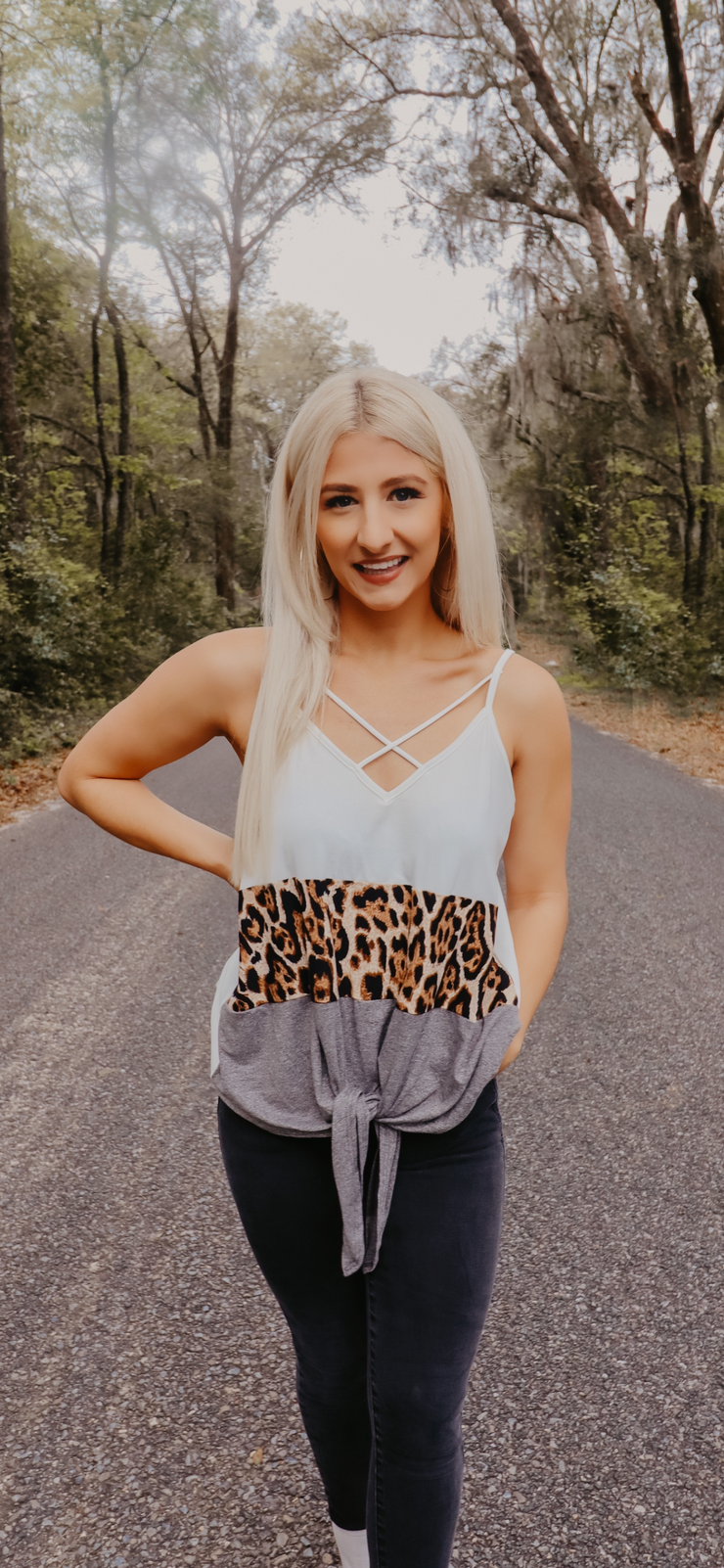 Leopard Color Block Knot Top (White)