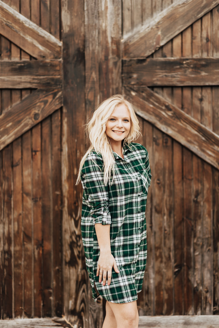 Stay Cozy Shearling Button Down Plaid Dress (Green)