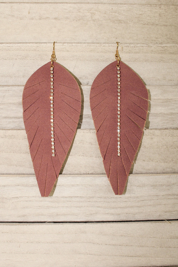 Faux Leather Feather Drop Earrings (Mauve)