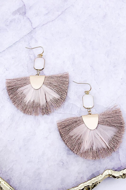 Bezel Stone Fan Tassel Feather Earrings