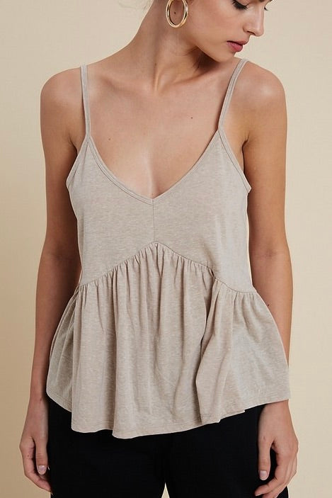 Marled Knit Ruffled Tank Top (Taupe)