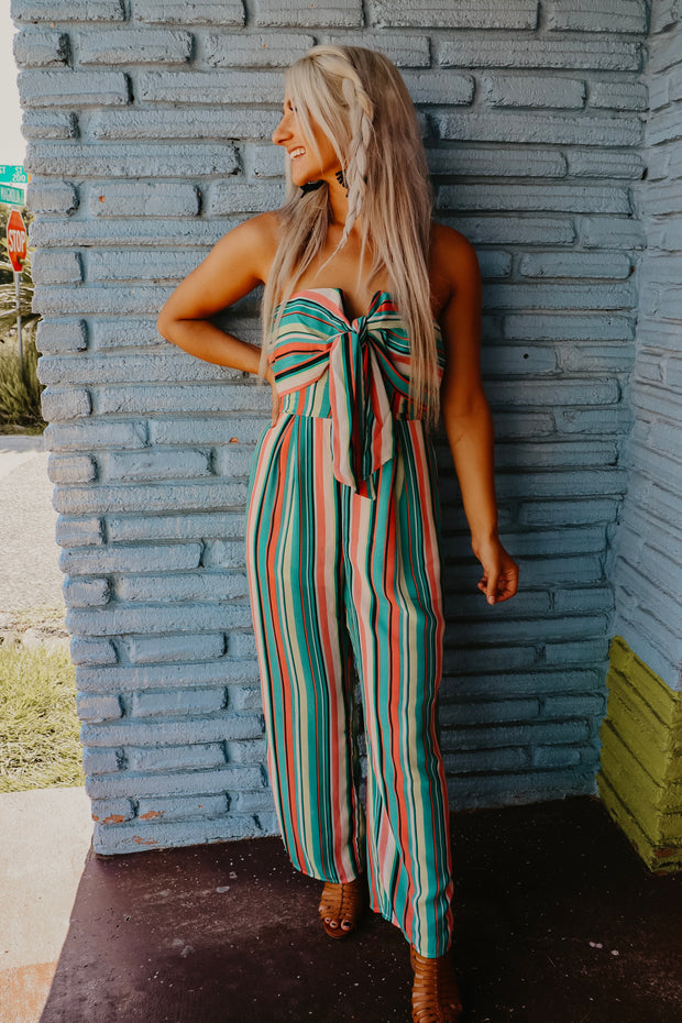 Seafoam Green Striped Strapless Jumpsuit