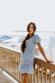 Baby Doll Gingham Print Midi Dress (Blue)