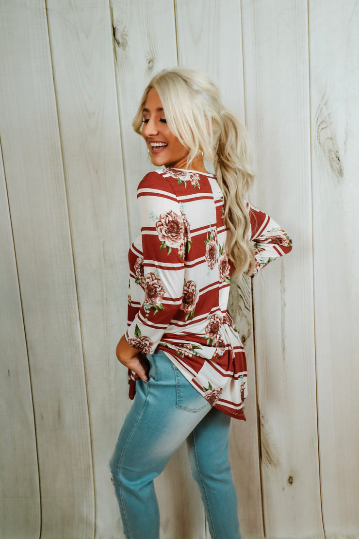 Brick and Floral Striped Flare Top