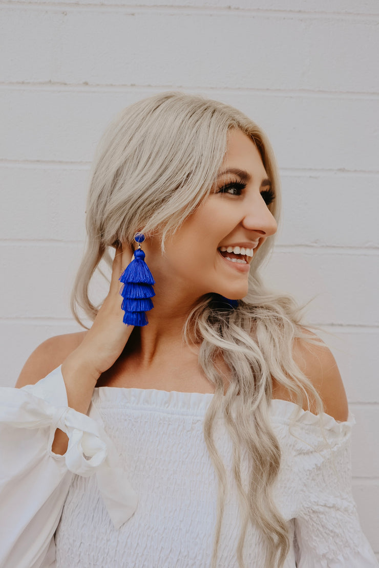 Layered in Blue Tassel Drop Earrings