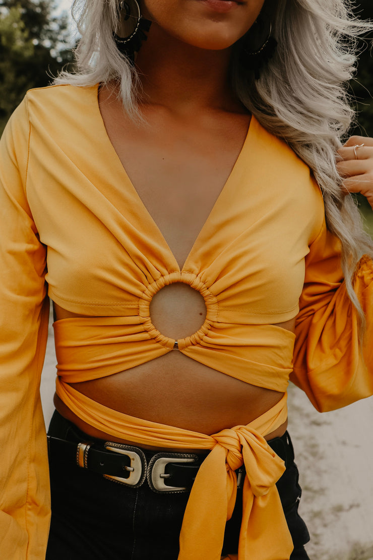 Must Have Mustard Bubble Sleeve Crop Top