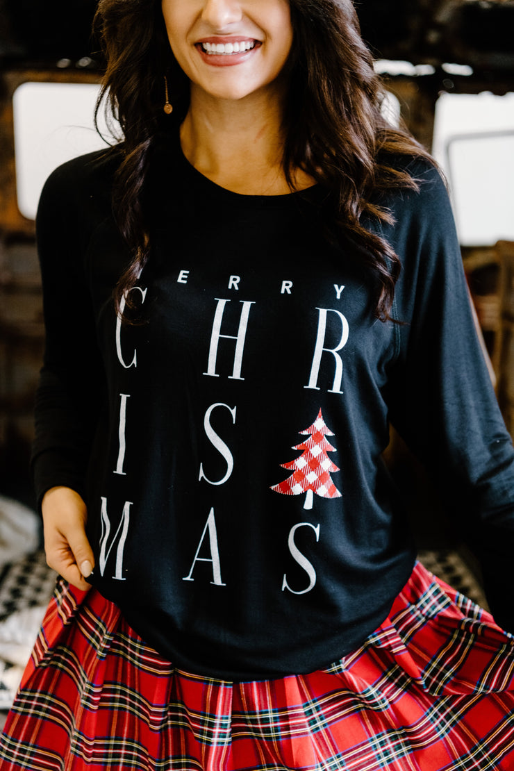 Merry Christmas Tree Graphic Top (Black)