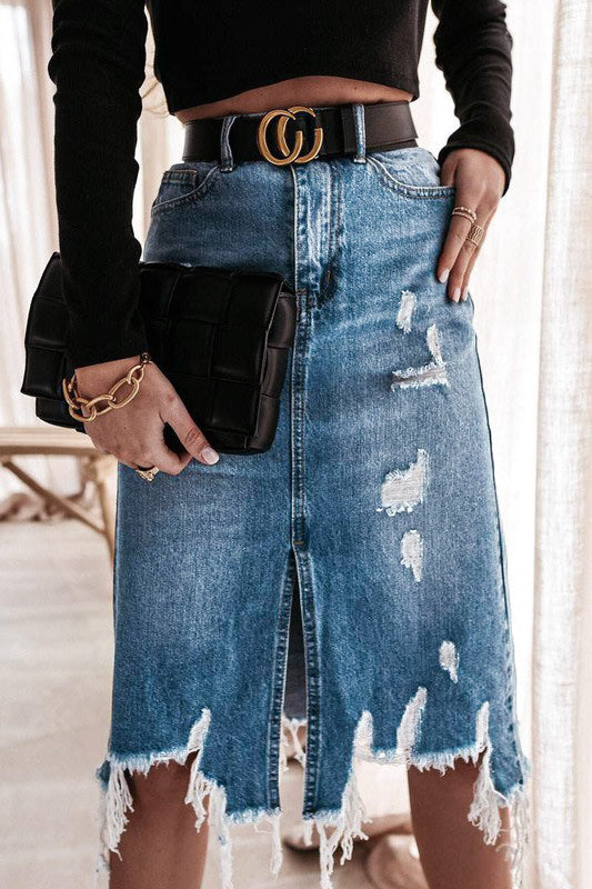 Daily Denim Distressed Midi Skirt