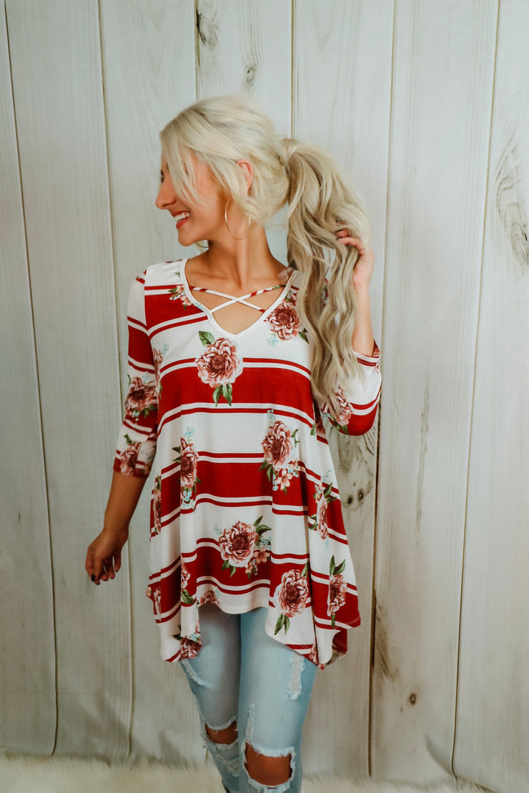 Brick and Floral Striped Flare Top