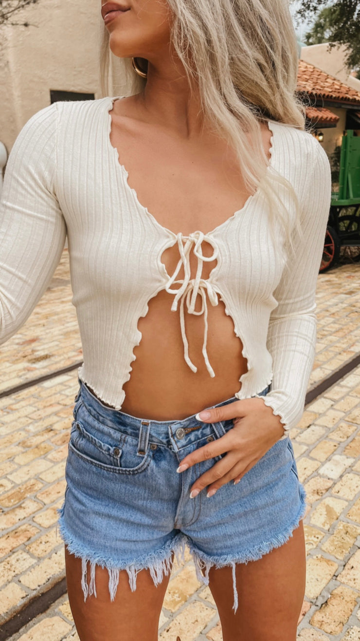 Pure Bliss Open Front Long Sleeve Ribbed Crop Top (Cream)