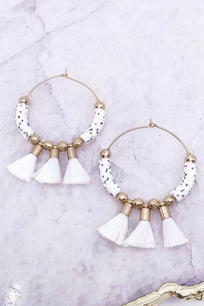 White Tassel Drop Hoop Earrings