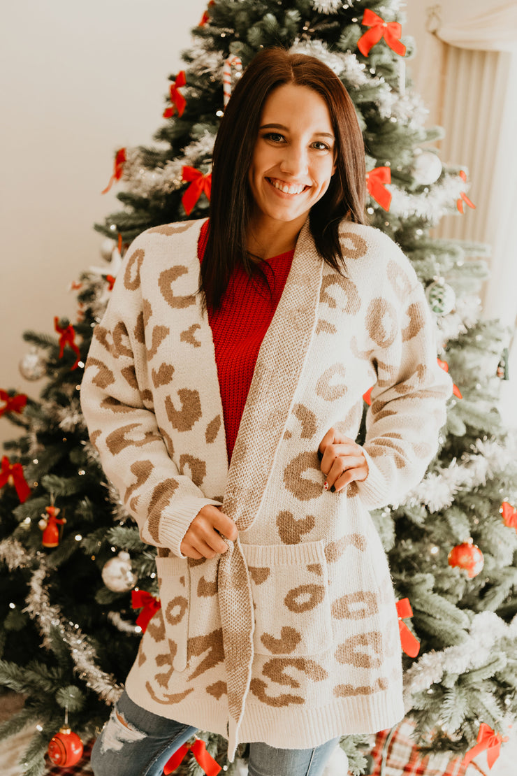 Ivory Knitted Leopard Print Cardigan