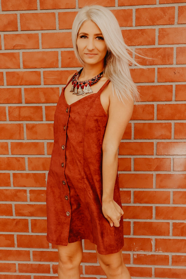 Classic Suede Button Down Midi Dress (Burgundy)