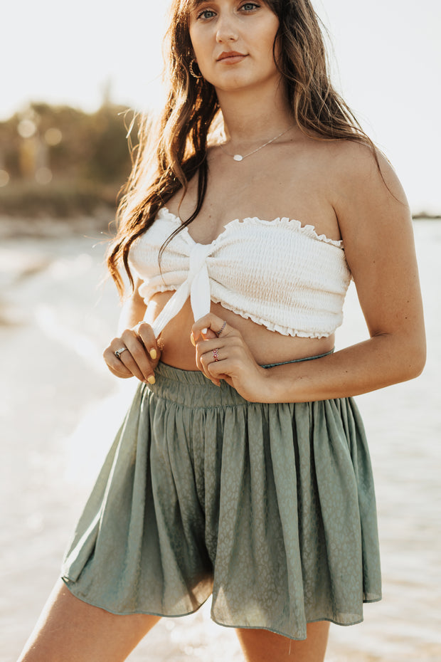 Summer Ready Smocked Bandeau Crop Top (White)