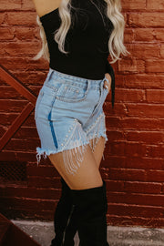 Downtown Rhinestone Fringe Denim Shorts (Light Denim)