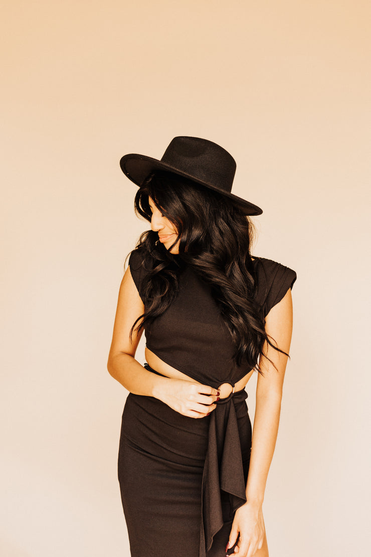 Boho Babe Wide Brim Felt Hat (Black)