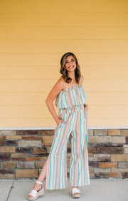 All For Spring Striped Strapless Jumpsuit