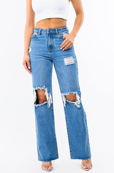 So Be It Wide Leg Distressed Denim Jeans