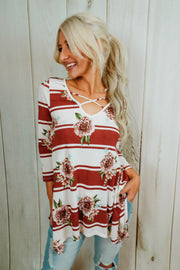 Brick and Floral Striped Flare Top