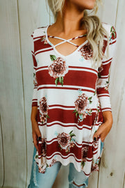 Brick and Floral Striped Flare Top