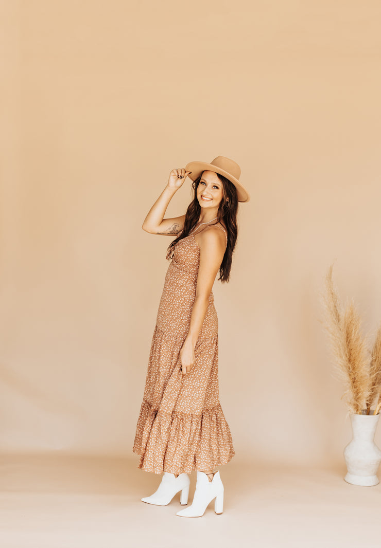 Forever Boho Floral Cut Out Maxi Dress (Camel)