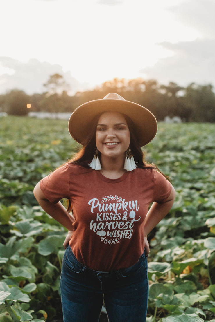 Pumpkin Kisses and Harvest Wishes Graphic Tee (Clay)