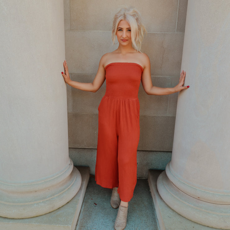 Keep it Real Rust Strapless Jumpsuit