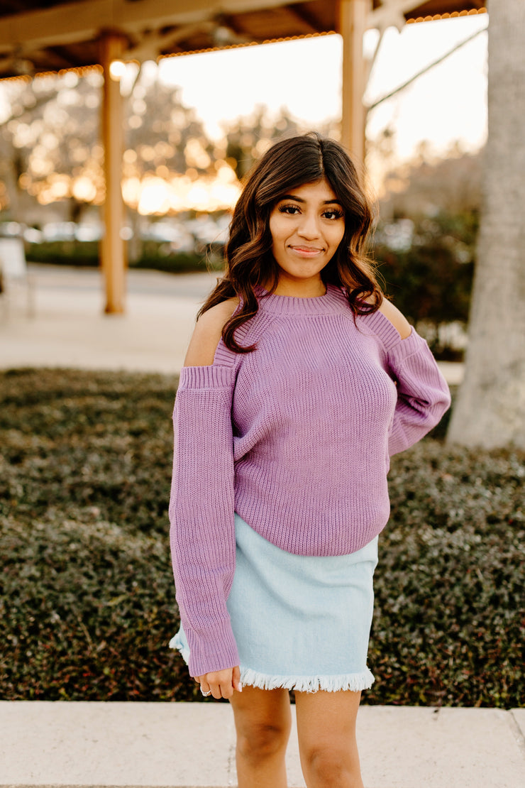 Lady in Lavender Cold Shoulder Sweater