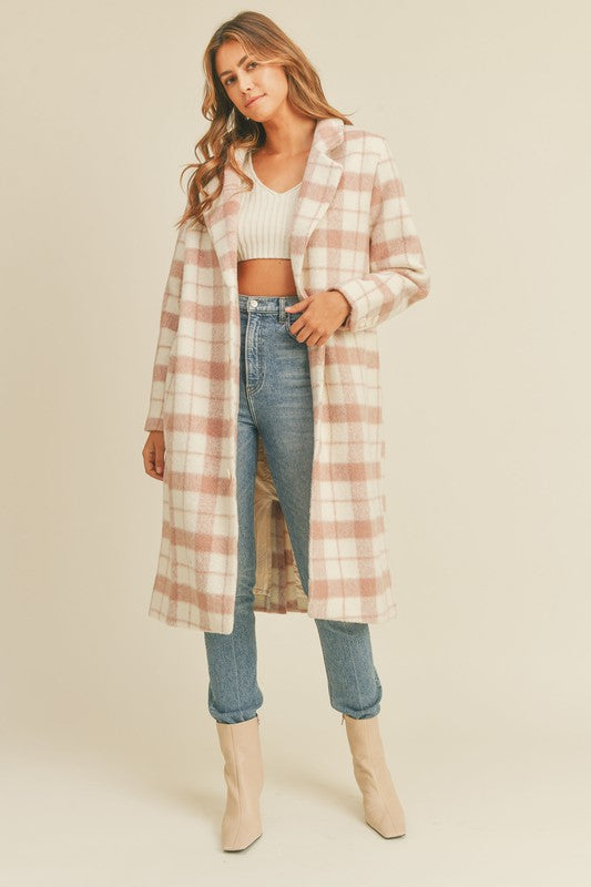 Don’t make me Blush Oversized Plaid Midi Coat (Pink)