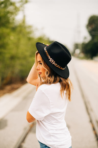 Wide Brim Leopard Band Fedora Hat (Black)