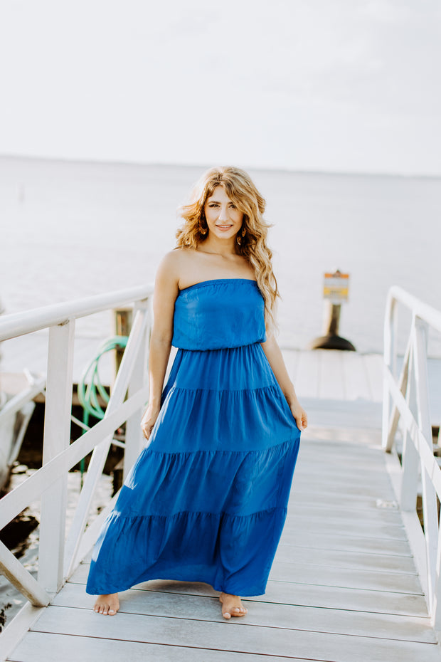 Come Sail Away Strapless Layered Maxi Dress (Royal Blue)