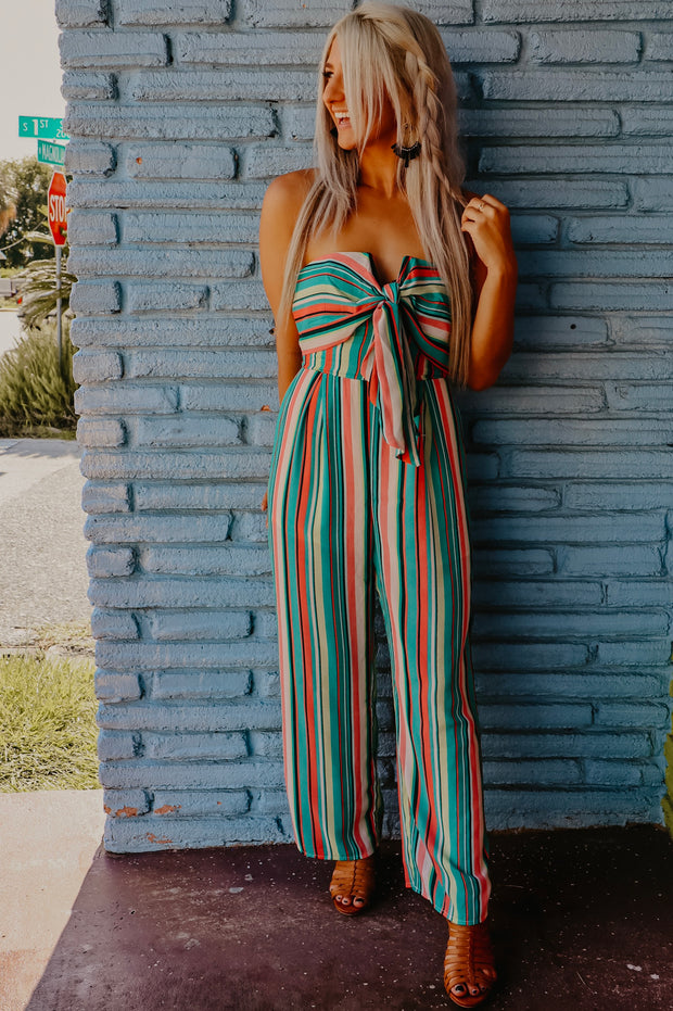 Seafoam Green Striped Strapless Jumpsuit