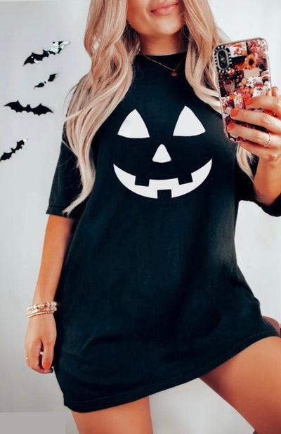 Pumpkin Face Graphic Tee Dress (Black)