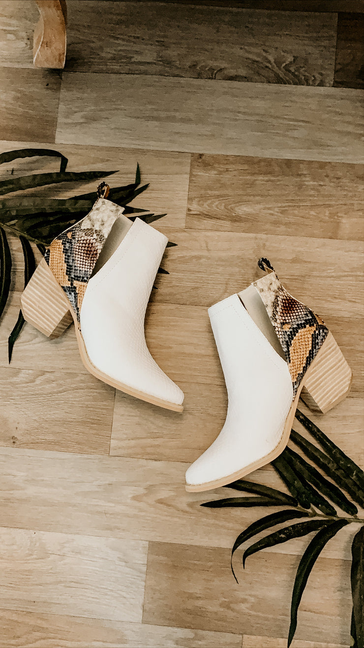 Sassy Snakeskin Ankle Booties (White)