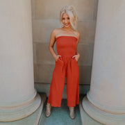 Keep it Real Rust Strapless Jumpsuit