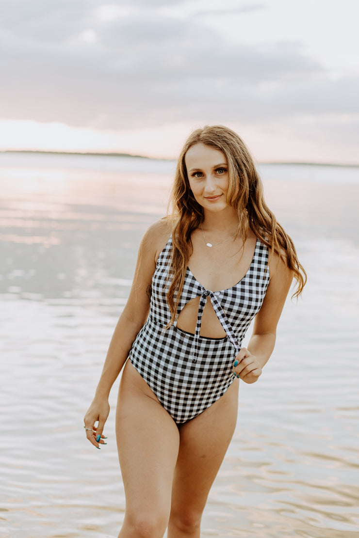 Black Gingham Print Cut Out One Piece Bikini