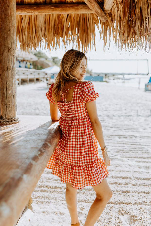 Baby Doll Gingham Print Midi Dress (Red)