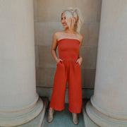 Keep it Real Rust Strapless Jumpsuit