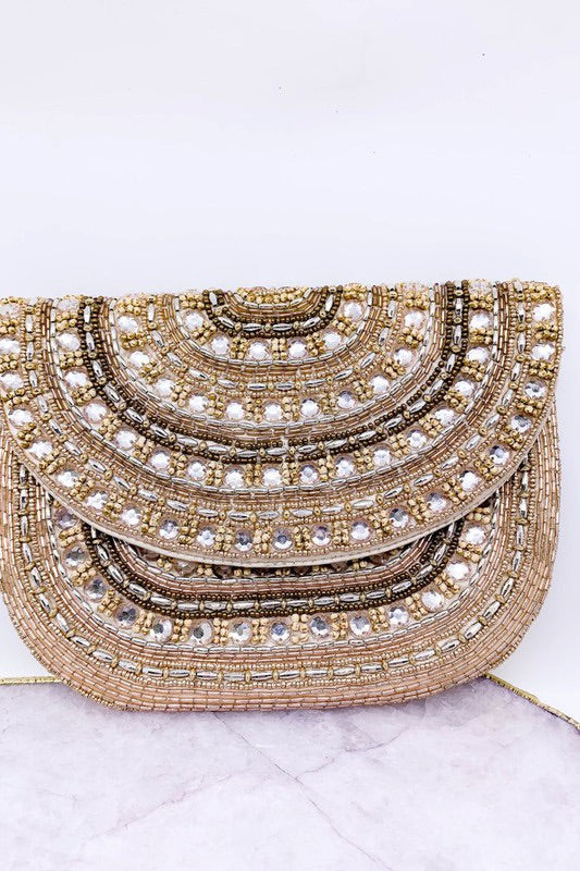 Beige Beaded Satin Clutch Bag