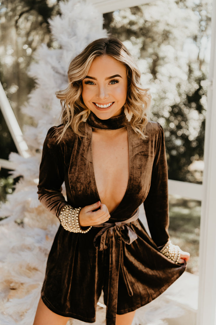 Mock Mocha Embellished Velvet Romper