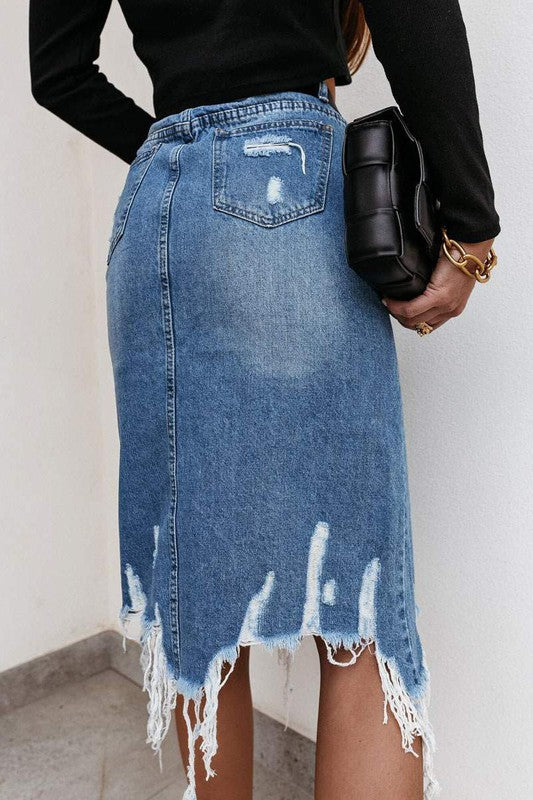 Daily Denim Distressed Midi Skirt