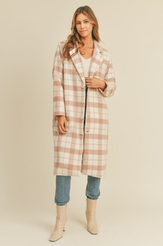 Don’t make me Blush Oversized Plaid Midi Coat (Pink)