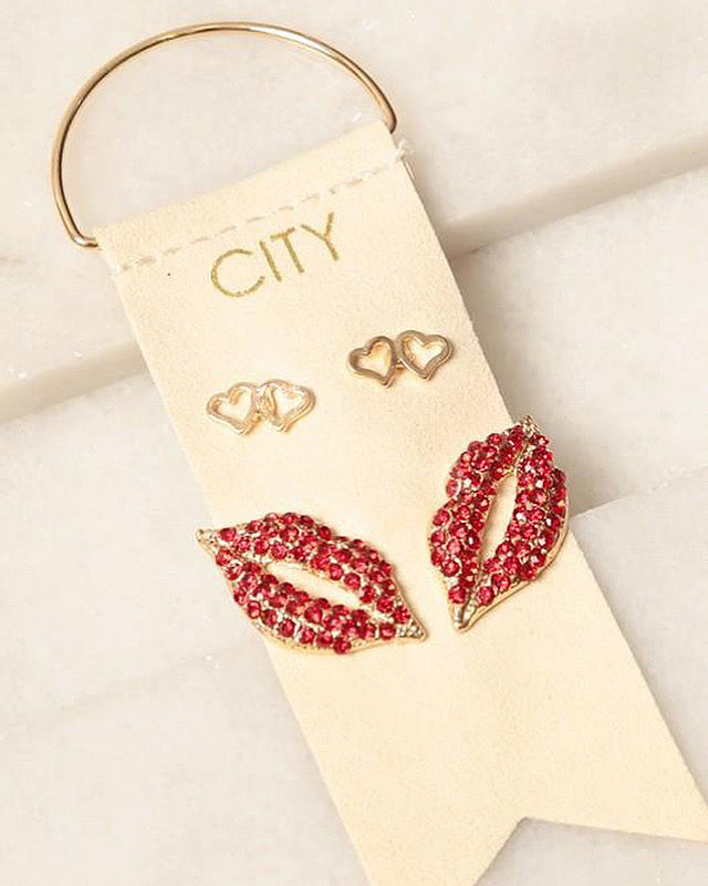 Bedazzled Lip Stud Earings (Red)