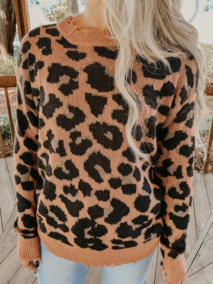 Mauve Leopard Print Distressed Sweater