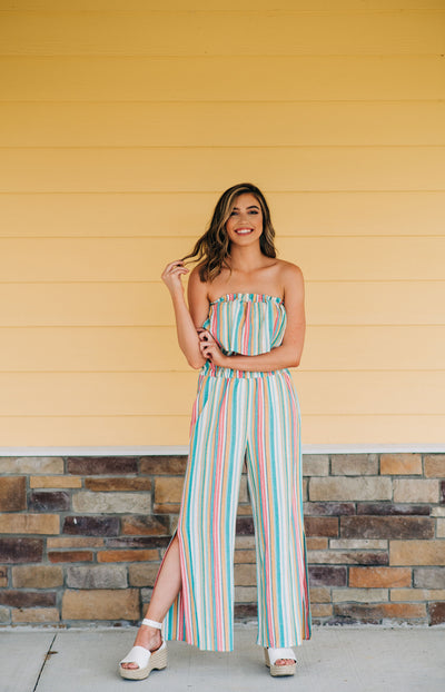 All For Spring Striped Strapless Jumpsuit