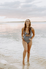 Black Gingham Print Cut Out One Piece Bikini