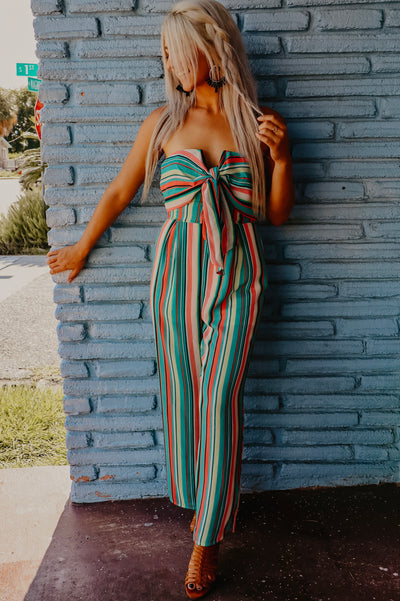 Seafoam Green Striped Strapless Jumpsuit